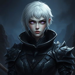 A fallen aasimar warrior stands confidently, showcasing her striking features: short white hair that frames her face, glowing purple eyes that hint at her celestial heritage, and intricate black scale armor that glimmers under the light