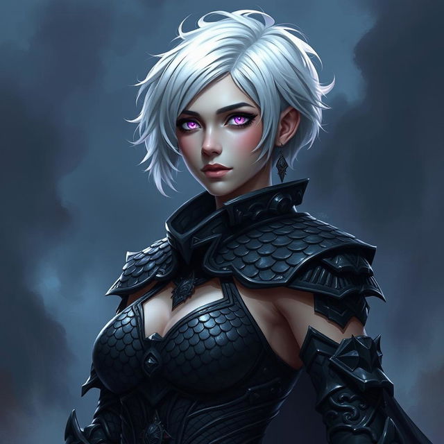 A fallen aasimar warrior stands confidently, showcasing her striking features: short white hair that frames her face, glowing purple eyes that hint at her celestial heritage, and intricate black scale armor that glimmers under the light