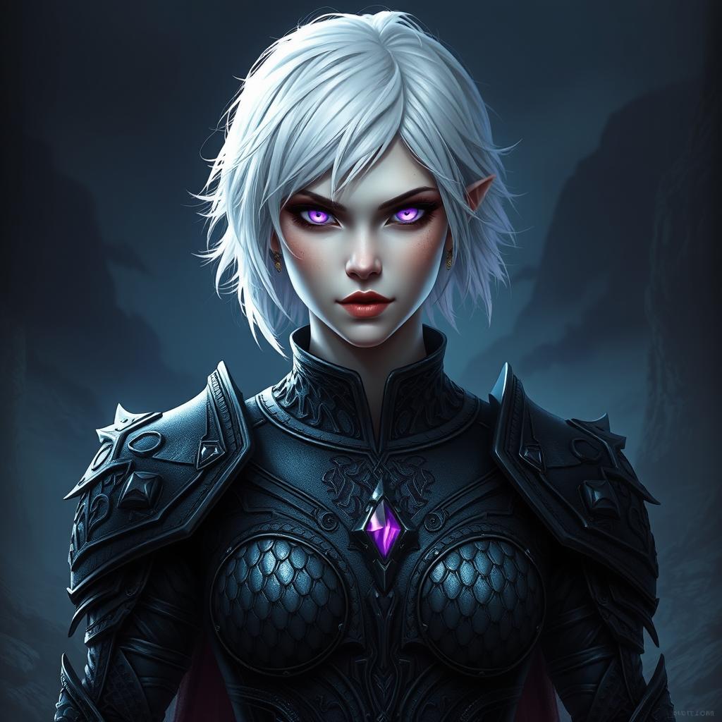 A fallen aasimar warrior stands confidently, showcasing her striking features: short white hair that frames her face, glowing purple eyes that hint at her celestial heritage, and intricate black scale armor that glimmers under the light