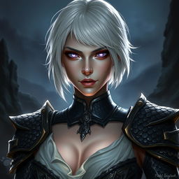 A fallen aasimar warrior stands confidently, showcasing her striking features: short white hair that frames her face, glowing purple eyes that hint at her celestial heritage, and intricate black scale armor that glimmers under the light