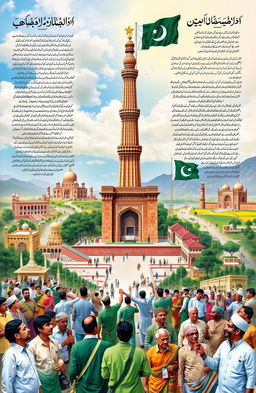 A detailed representation of the ideological foundations and constitutional framework of Pakistan, showcasing the vibrant culture, historical landmarks, and important symbols like the flag and star emblem