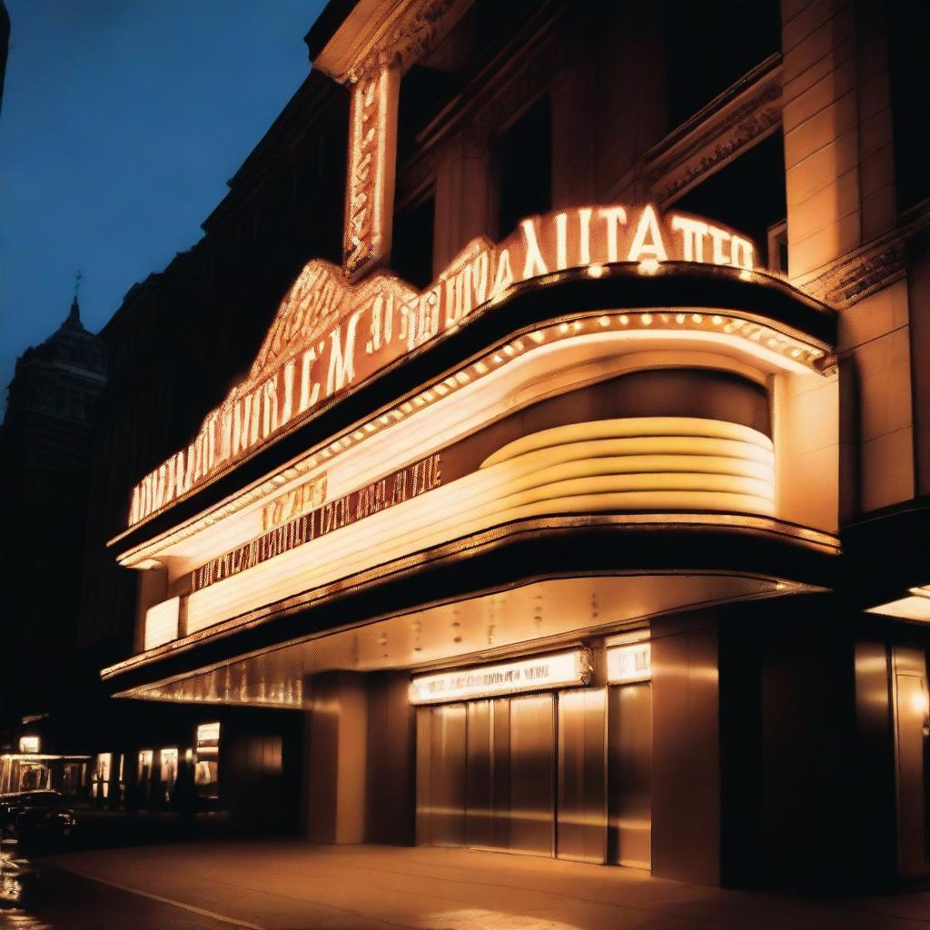 A grand theatre marquee, empty and awaiting text, shining brightly against the backdrop of a darkened city night