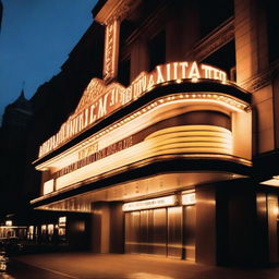 A grand theatre marquee, empty and awaiting text, shining brightly against the backdrop of a darkened city night