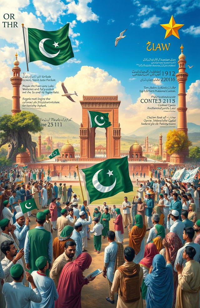 A detailed representation of the ideological foundations and constitutional framework of Pakistan, showcasing the vibrant culture, historical landmarks, and important symbols like the flag and star emblem