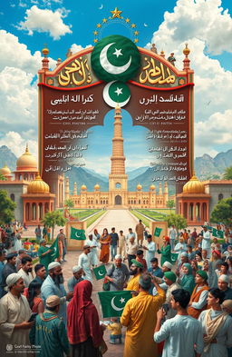 A detailed representation of the ideological foundations and constitutional framework of Pakistan, showcasing the vibrant culture, historical landmarks, and important symbols like the flag and star emblem