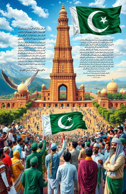 A detailed representation of the ideological foundations and constitutional framework of Pakistan, showcasing the vibrant culture, historical landmarks, and important symbols like the flag and star emblem