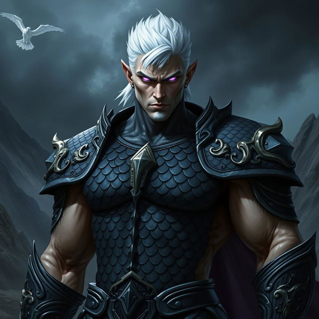 A powerful and muscular fallen aasimar with a striking appearance, featuring short white hair that contrasts against his dark, black scale armor