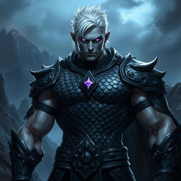 A powerful and muscular fallen aasimar with a striking appearance, featuring short white hair that contrasts against his dark, black scale armor