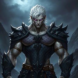 A powerful and muscular fallen aasimar with a striking appearance, featuring short white hair that contrasts against his dark, black scale armor