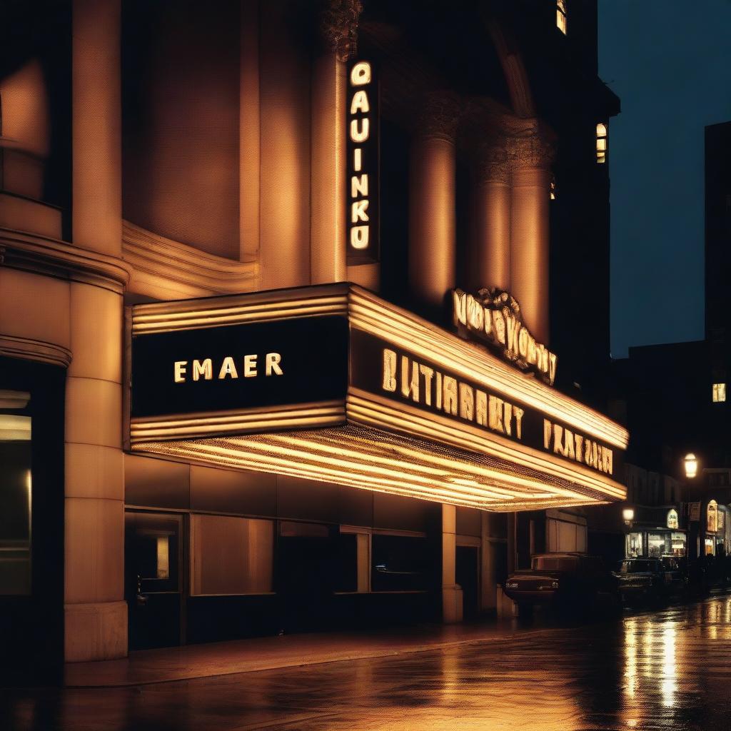 A grand theatre marquee, empty and awaiting text, shining brightly against the backdrop of a darkened city night