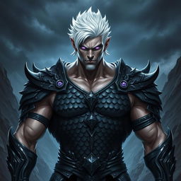 A powerful and muscular fallen aasimar with a striking appearance, featuring short white hair that contrasts against his dark, black scale armor