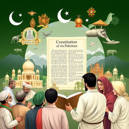 An artistic illustration of the Constitution of Pakistan, featuring the front page of the Constitution Document surrounded by symbols of democracy and governance