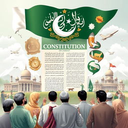 An artistic illustration of the Constitution of Pakistan, featuring the front page of the Constitution Document surrounded by symbols of democracy and governance
