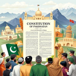 An artistic illustration of the Constitution of Pakistan, featuring the front page of the Constitution Document surrounded by symbols of democracy and governance