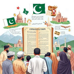 An artistic illustration of the Constitution of Pakistan, featuring the front page of the Constitution Document surrounded by symbols of democracy and governance