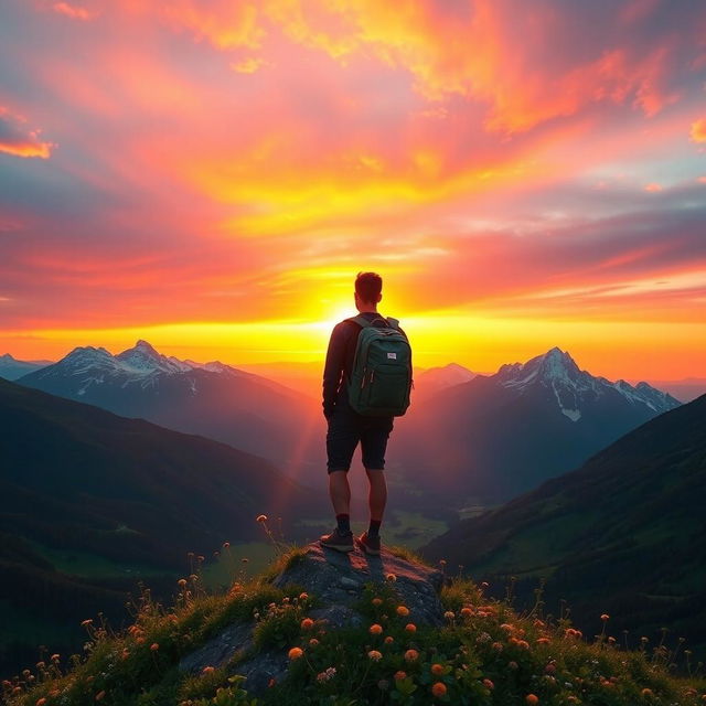 An inspiring scene showcasing a person standing on a mountain peak, overlooking a breathtaking sunrise that illuminates the sky with vibrant hues of orange, pink, and gold