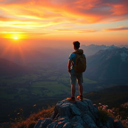 An inspiring scene showcasing a person standing on a mountain peak, overlooking a breathtaking sunrise that illuminates the sky with vibrant hues of orange, pink, and gold