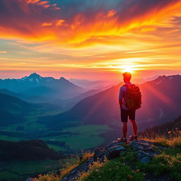 An inspiring scene showcasing a person standing on a mountain peak, overlooking a breathtaking sunrise that illuminates the sky with vibrant hues of orange, pink, and gold