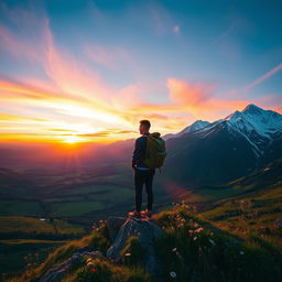An inspiring scene showcasing a person standing on a mountain peak, overlooking a breathtaking sunrise that illuminates the sky with vibrant hues of orange, pink, and gold