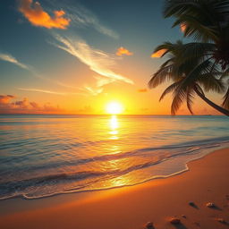 A breathtaking scene capturing a majestic golden sunset over a serene, crystal-clear ocean