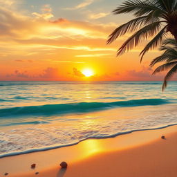 A breathtaking scene capturing a majestic golden sunset over a serene, crystal-clear ocean