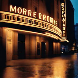 A grand theatre marquee, empty and awaiting text, shining brightly against the backdrop of a darkened city night