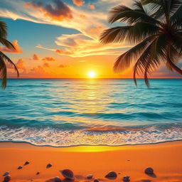 A breathtaking scene capturing a majestic golden sunset over a serene, crystal-clear ocean