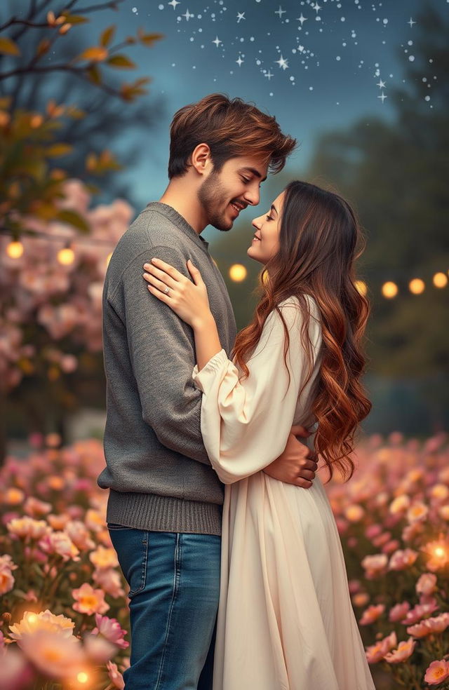 A romantic scene portraying a couple who are each other's rebound, embracing under a starlit sky