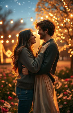 A romantic scene portraying a couple who are each other's rebound, embracing under a starlit sky