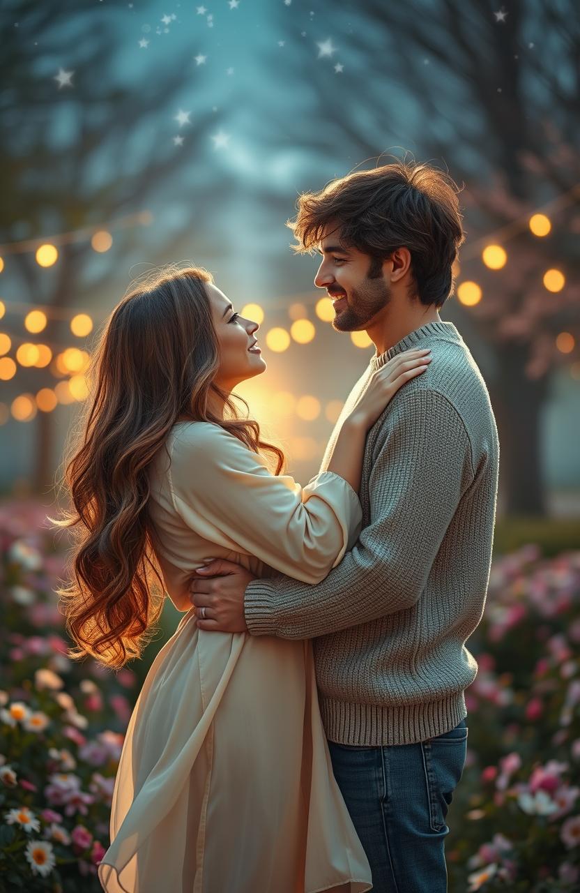 A romantic scene portraying a couple who are each other's rebound, embracing under a starlit sky