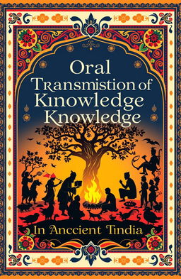 A visually striking cover page design featuring the heading 'Oral Transmission of Knowledge: Storytelling and Folklore in Ancient India'