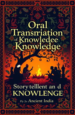 A visually striking cover page design featuring the heading 'Oral Transmission of Knowledge: Storytelling and Folklore in Ancient India'
