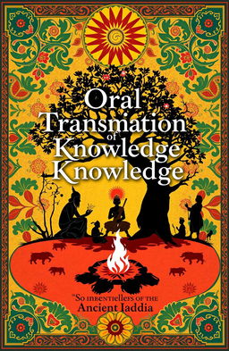 A visually striking cover page design featuring the heading 'Oral Transmission of Knowledge: Storytelling and Folklore in Ancient India'