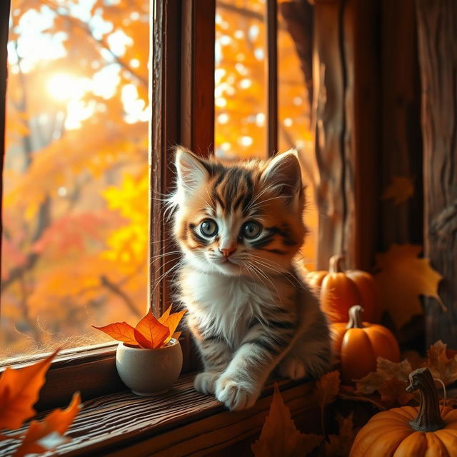 An adorable kitten with fluffy fur, wide bright eyes, staring curiously out of a rustic window of a cozy cottage