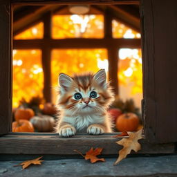 An adorable kitten with fluffy fur, wide bright eyes, staring curiously out of a rustic window of a cozy cottage