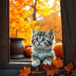 An adorable kitten with fluffy fur, wide bright eyes, staring curiously out of a rustic window of a cozy cottage