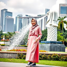 A beautiful Muslim woman wearing a stylish hijab, dressed in elegant pink Muslim clothing, and sporting trendy skate shoes