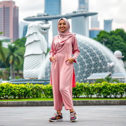 A beautiful Muslim woman wearing a stylish hijab, dressed in elegant pink Muslim clothing, and sporting trendy skate shoes