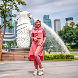 A beautiful Muslim woman wearing a stylish hijab, dressed in elegant pink Muslim clothing, and sporting trendy skate shoes