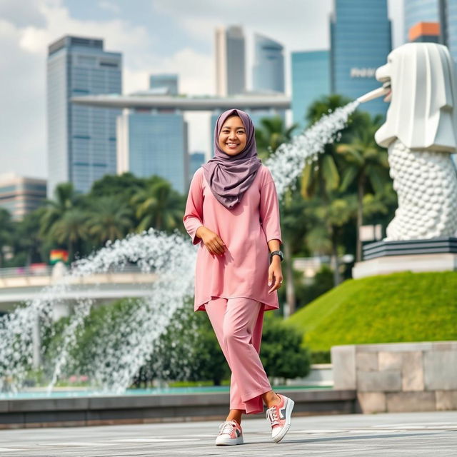 A beautiful Muslim woman wearing a stylish hijab, dressed in elegant pink Muslim clothing, and sporting trendy skate shoes