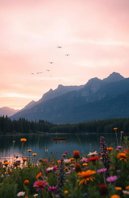 A serene landscape at sunrise, featuring a tranquil lake surrounded by lush green forests and majestic mountains in the background
