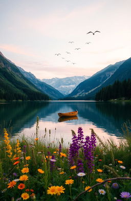 A serene landscape at sunrise, featuring a tranquil lake surrounded by lush green forests and majestic mountains in the background