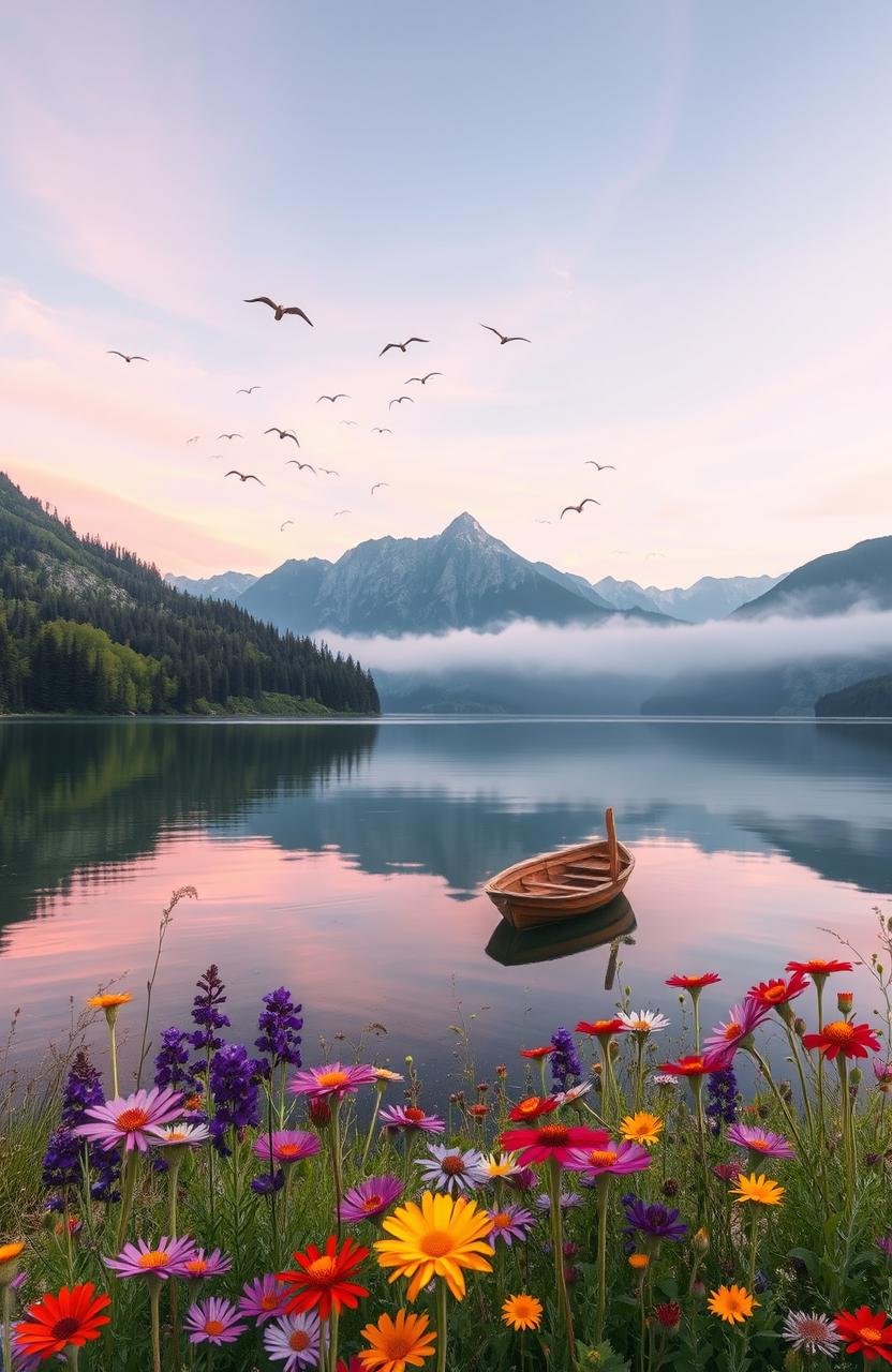 A serene landscape at sunrise, featuring a tranquil lake surrounded by lush green forests and majestic mountains in the background