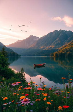 A serene landscape at sunrise, featuring a tranquil lake surrounded by lush green forests and majestic mountains in the background