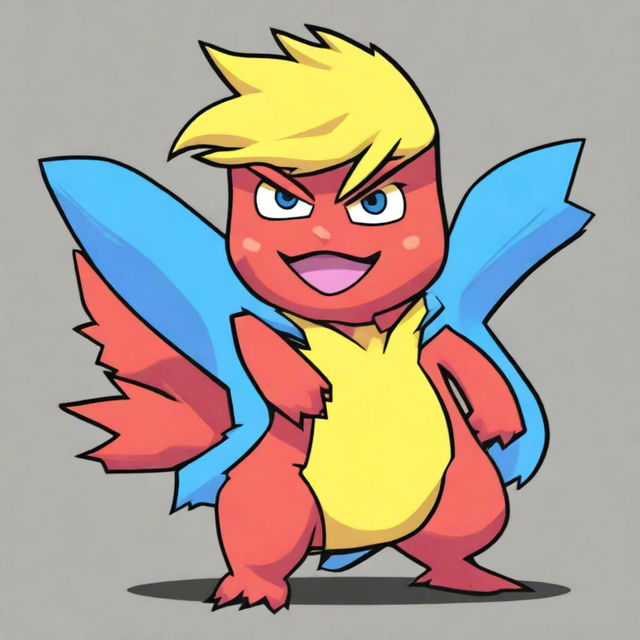 Create a cartoon image of Donald Trump transformed into a Pokemon character in a vibrant color palette.