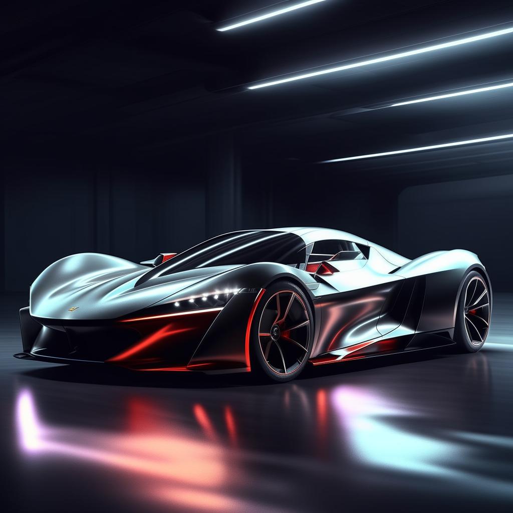 A vividly detailed render of the fastest production car ever made, showcasing its sleek design, aerodynamic shape, and innovative features in a dramatic lighting setting.