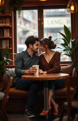 A romantic scene depicting a couple sitting together in a cozy coffee shop, sharing an intimate moment after recent breakups, their body language suggesting a mix of affection and vulnerability