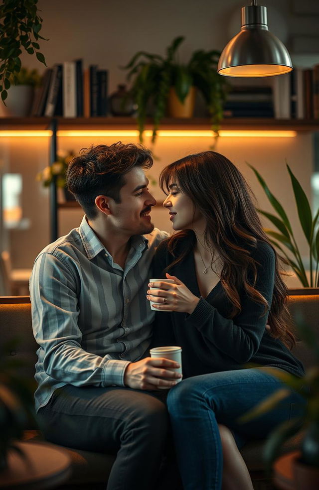 A romantic scene depicting a couple sitting together in a cozy coffee shop, sharing an intimate moment after recent breakups, their body language suggesting a mix of affection and vulnerability