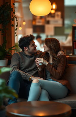 A romantic scene depicting a couple sitting together in a cozy coffee shop, sharing an intimate moment after recent breakups, their body language suggesting a mix of affection and vulnerability