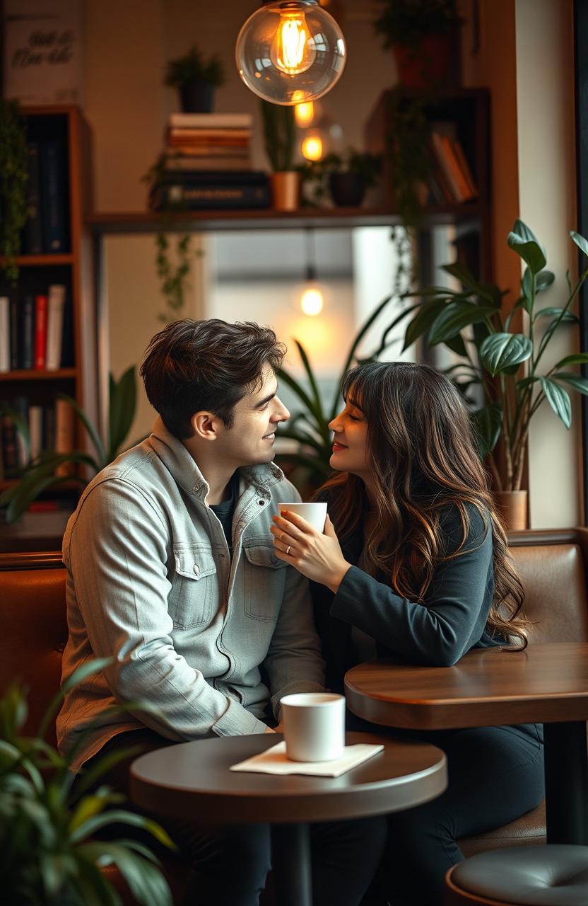 A romantic scene depicting a couple sitting together in a cozy coffee shop, sharing an intimate moment after recent breakups, their body language suggesting a mix of affection and vulnerability